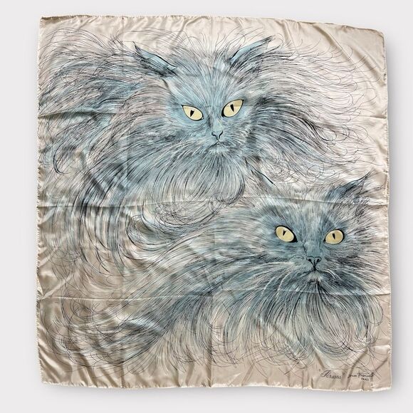 Denise Francelle Vintage Elegant Cat Print Silk Scarf - Picture 1 of 5